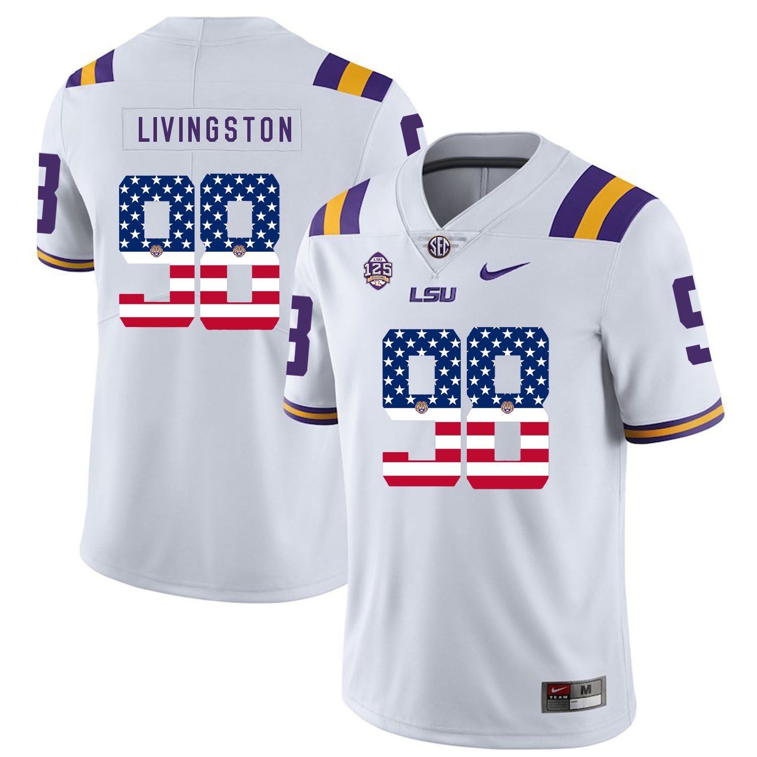 Men LSU Tigers #98 Livingston White Flag Customized NCAA Jerseys